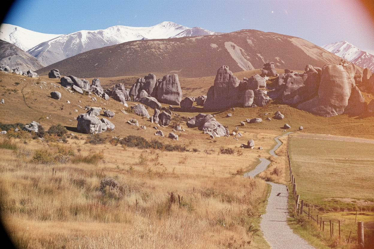 Scenic Castle Hill landscape with rocky outcrops, a path, and mountains in the background.